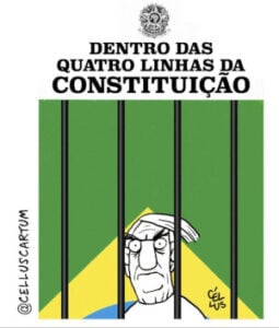 Caricatura de Bolsonaro atrás das grades da prisão.